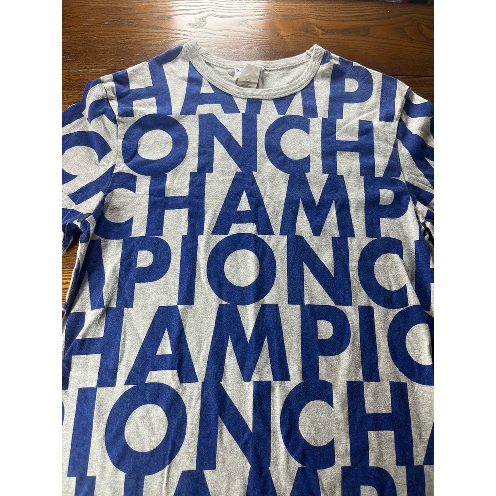 Y2K Champion Spellout All Over Print AOP T Shirt Mens Gray Blue Size Large